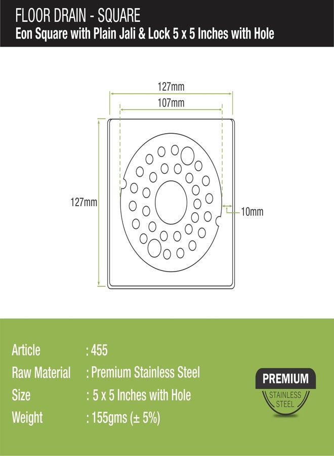LIPKA Eon Square with Plain Jali Floor Drain |Premium Stainless Steel |5 x 5 Inches| with Lock & Hole| - Image 2
